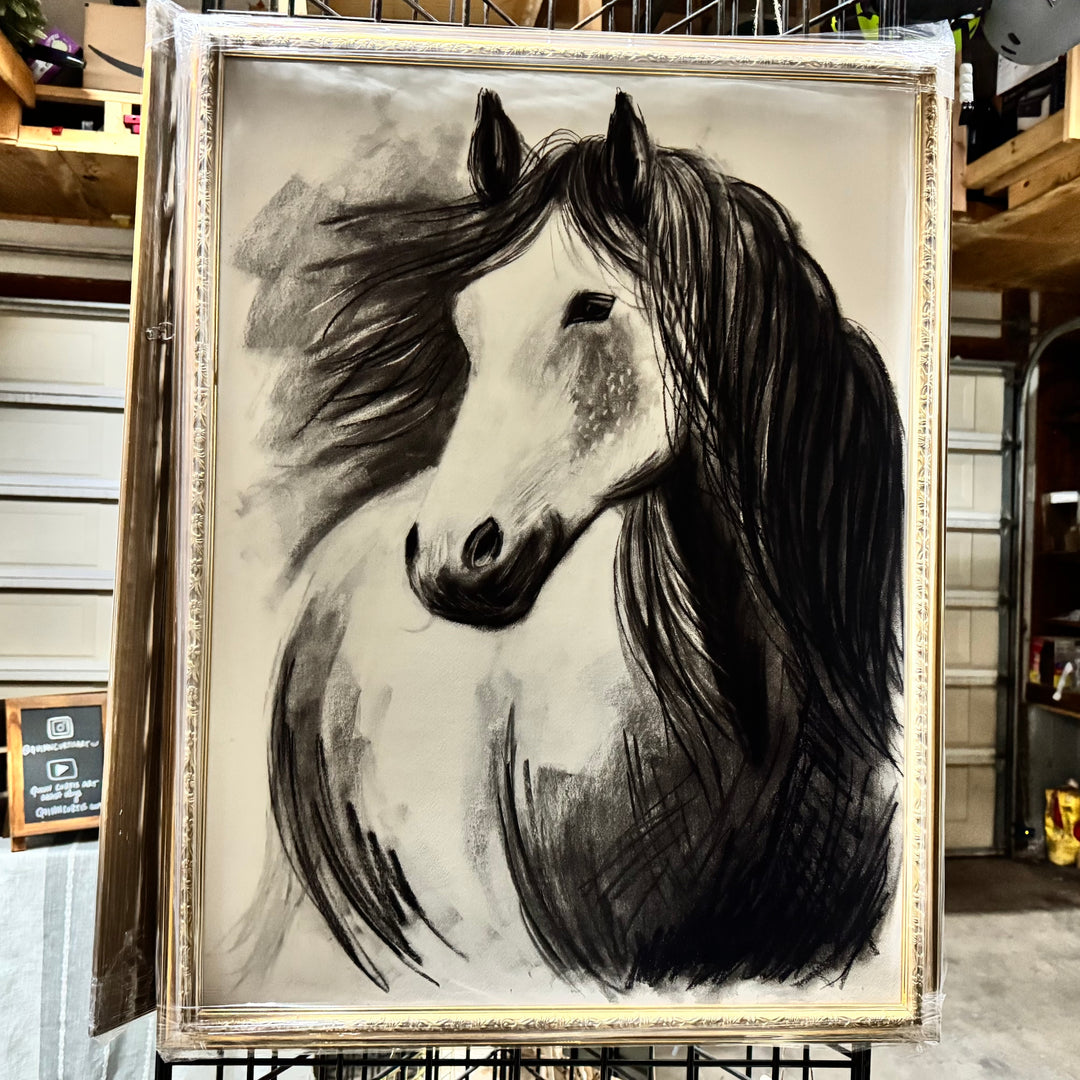 Never Alone | Charcoal Horse Drawing | 24x32" Framed Reproduction
