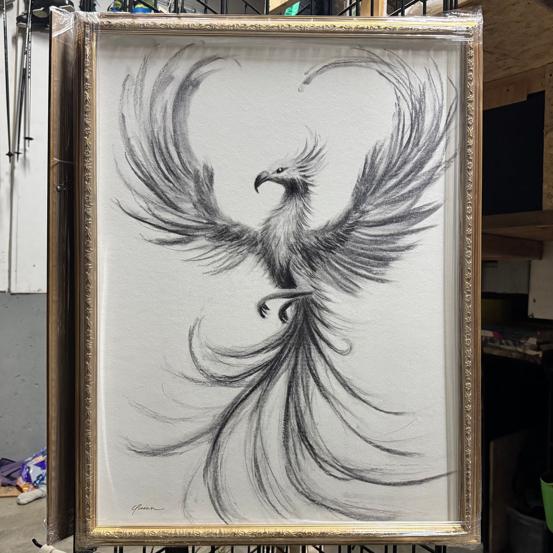 And Still I Rise | Charcoal Phoenix Bird Drawing | 24x32" framed reproduction