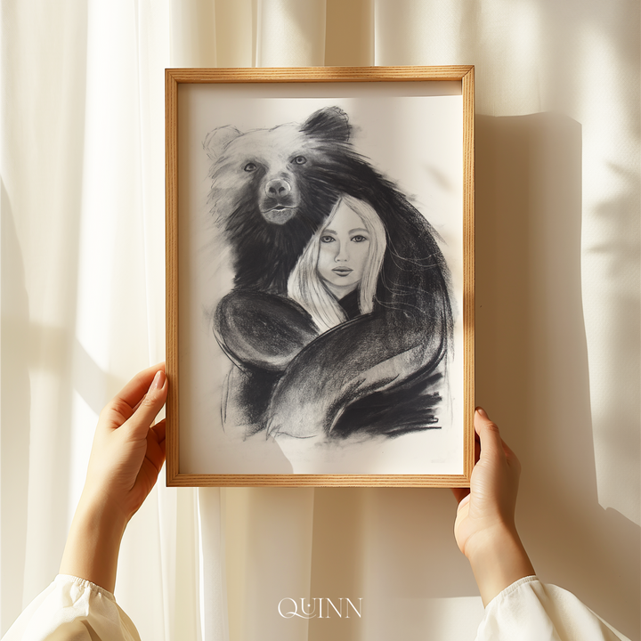 Strength Giver | Charcoal Bear & Woman Limited Edition Signed Fine Art Print