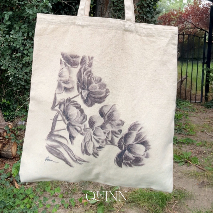 Midnight Peonies | Floral Charcoal Drawing Tote Bag