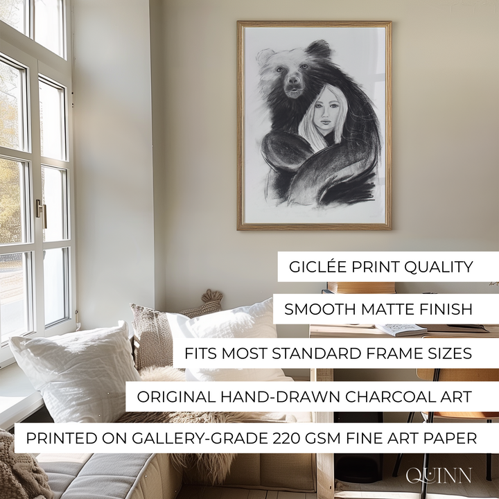 Strength Giver | Charcoal Bear & Woman Limited Edition Signed Fine Art Print