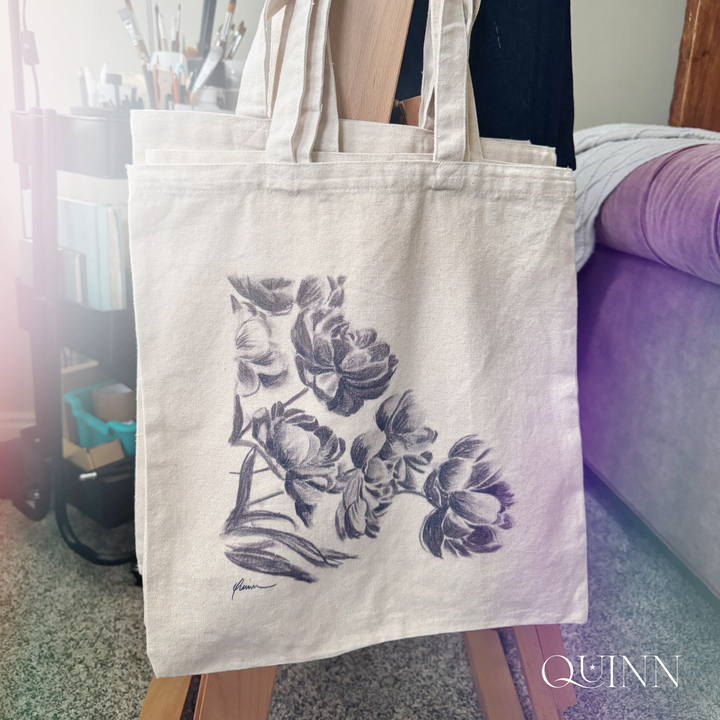 Midnight Peonies | Floral Charcoal Drawing Tote Bag