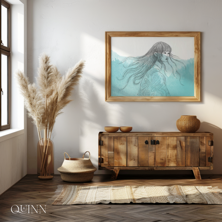 Braving the Depths | Watercolor Graphite Woman Underwater with Koi Fish Limited Edition Signed Fine Art Print