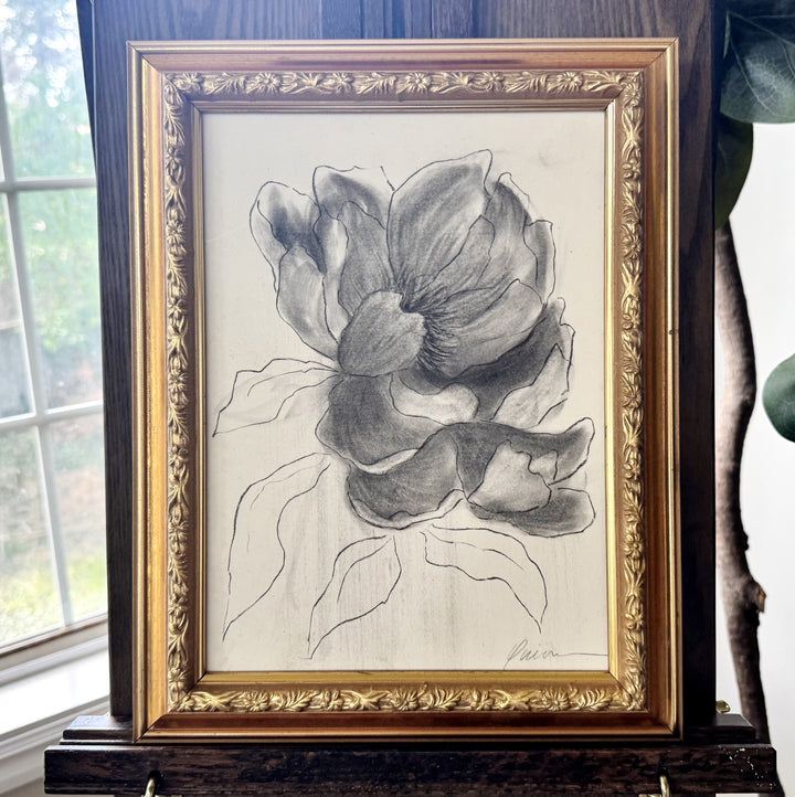Opening | Original Charcoal Floral Drawing | 9x12" Framed