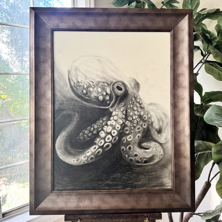 Indomitable Spirit | Original Charcoal Octopus Drawing | 18x24" Framed