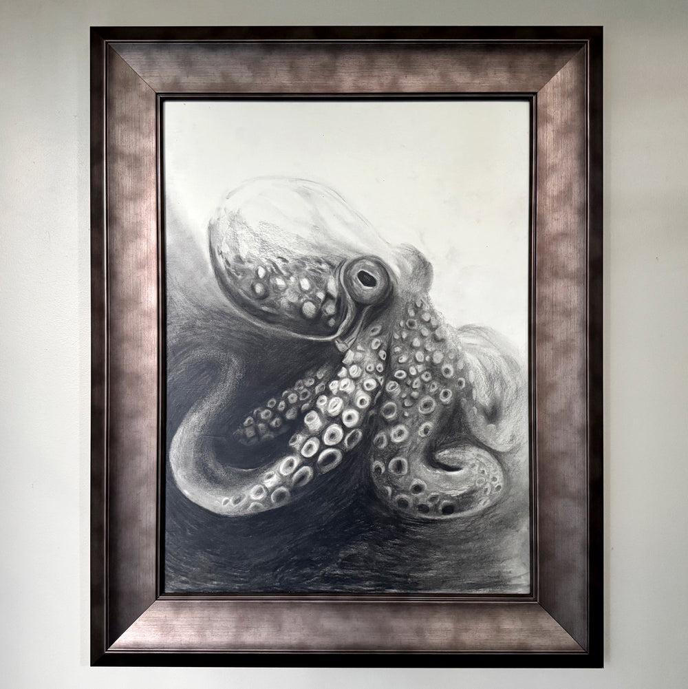 framed charcoal black and white octopus spirit animal art framed and ready to hang for sacred spaces and healing home decor