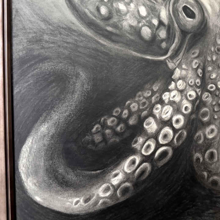 Indomitable Spirit | Original Charcoal Octopus Drawing | 18x24" Framed