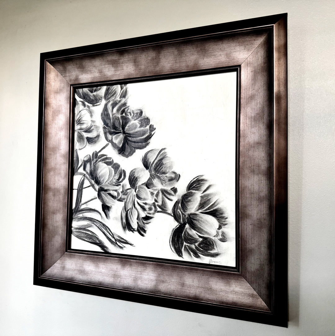 Midnight Peonies | Original Charcoal Floral Drawing | 14x14" Framed