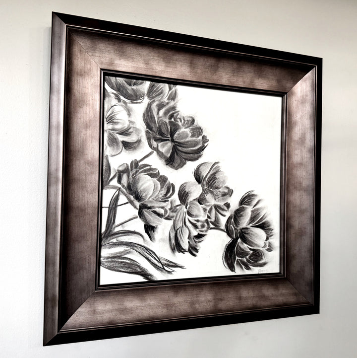 Midnight Peonies | Original Charcoal Floral Drawing | 14x14" Framed