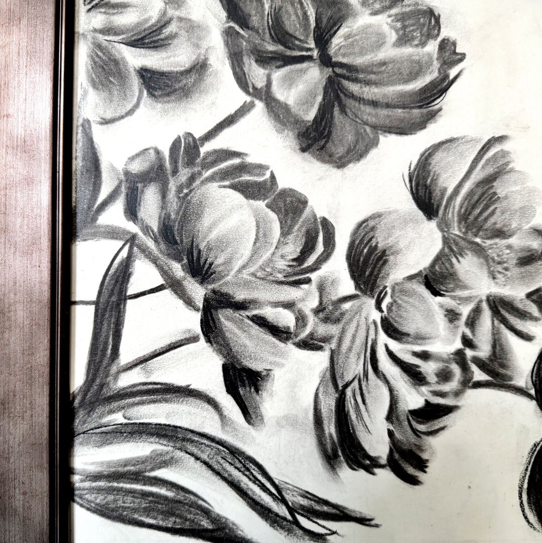 Midnight Peonies | Original Charcoal Floral Drawing | 14x14" Framed