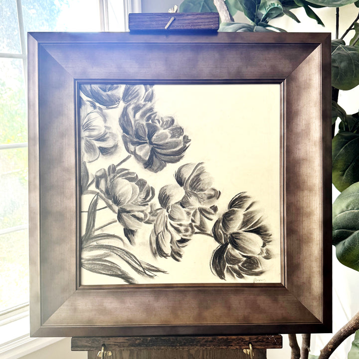 Midnight Peonies | Original Charcoal Floral Drawing | 14x14" Framed