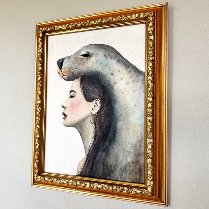 Reclaiming. Rewilding. | Original Watercolor Selkie Seal Woman Painting | 9x12" Framed