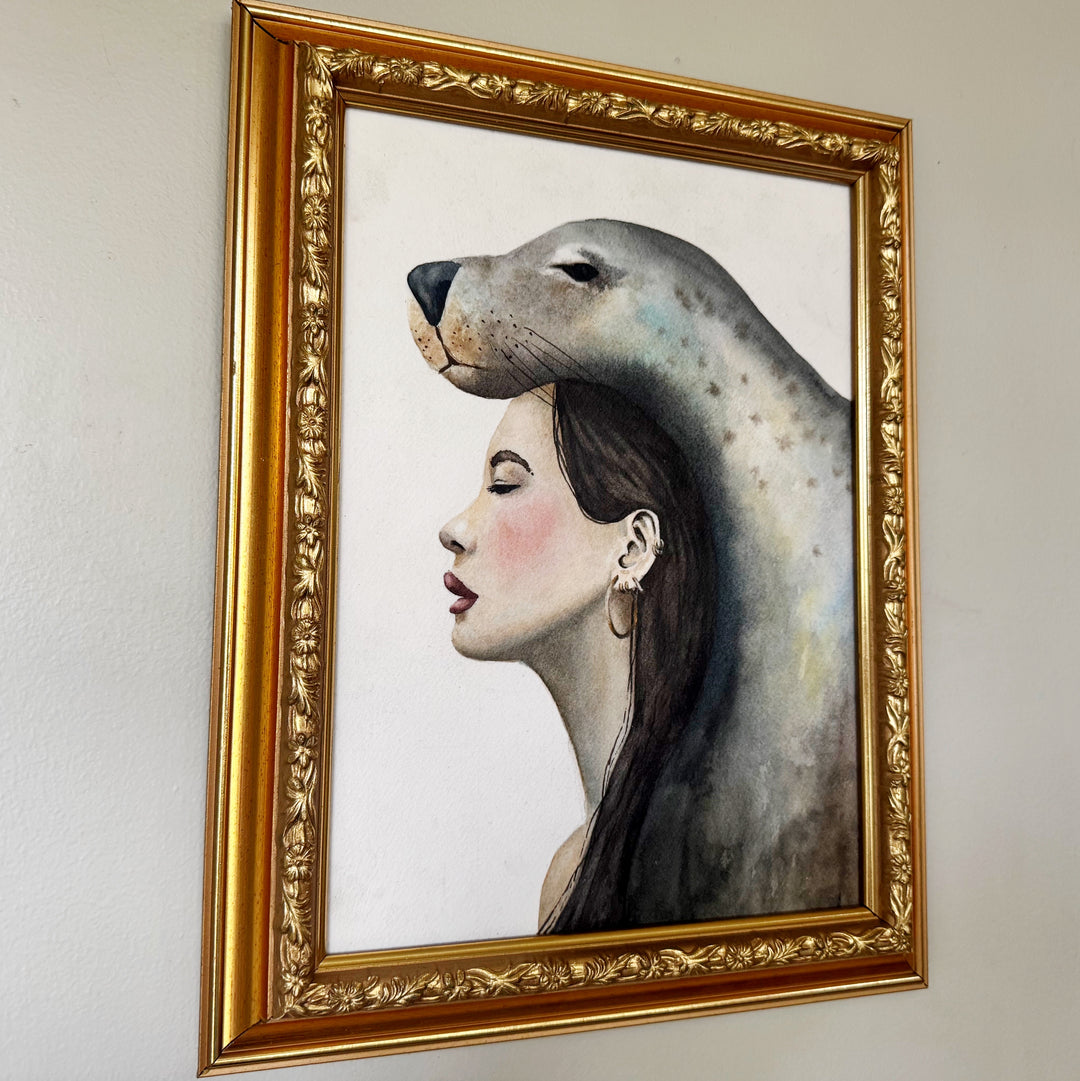 Reclaiming. Rewilding. | Original Watercolor Selkie Seal Woman Painting | 9x12" Framed