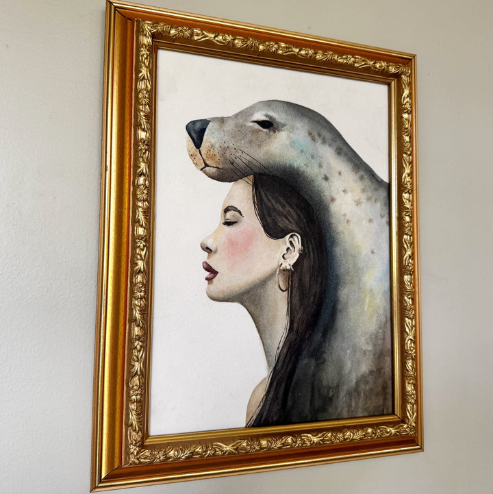 Reclaiming. Rewilding. | Original Watercolor Selkie Seal Woman Painting | 9x12" Framed