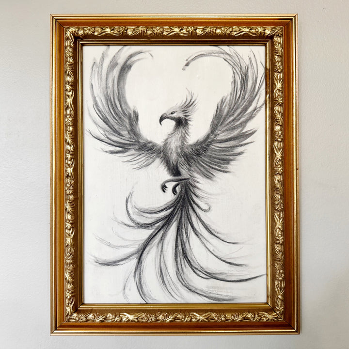And Still I Rise | Original Charcoal Phoenix Bird Drawing | 8x11" framed