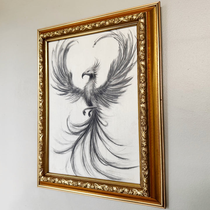 And Still I Rise | Original Charcoal Phoenix Bird Drawing | 8x11" framed