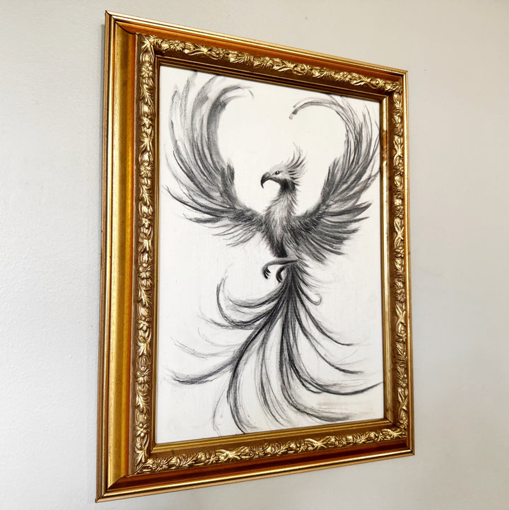 And Still I Rise | Original Charcoal Phoenix Bird Drawing | 8x11" framed