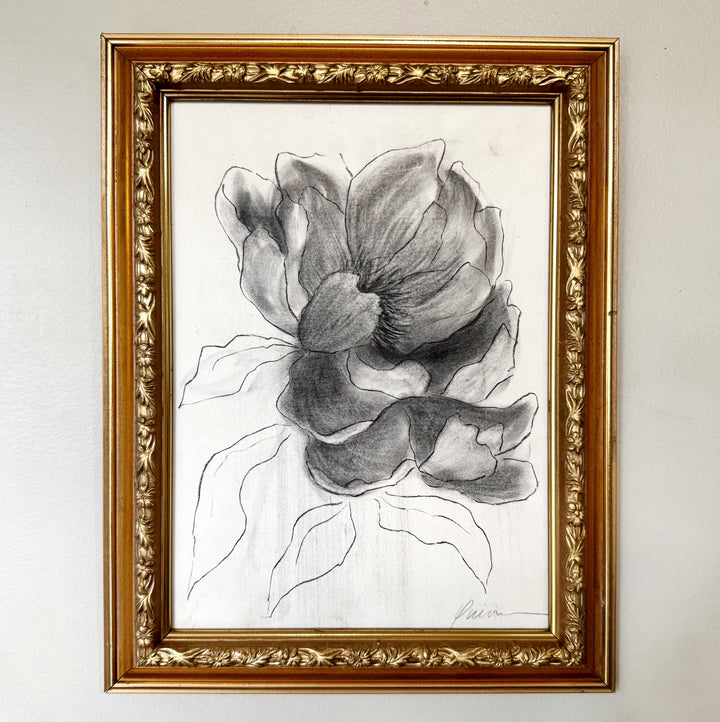 Opening | Original Charcoal Floral Drawing | 9x12" Framed
