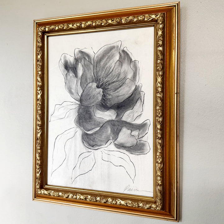 Opening | Original Charcoal Floral Drawing | 9x12" Framed