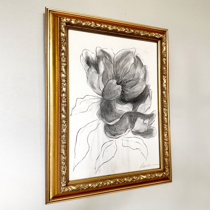 Opening | Original Charcoal Floral Drawing | 9x12" Framed