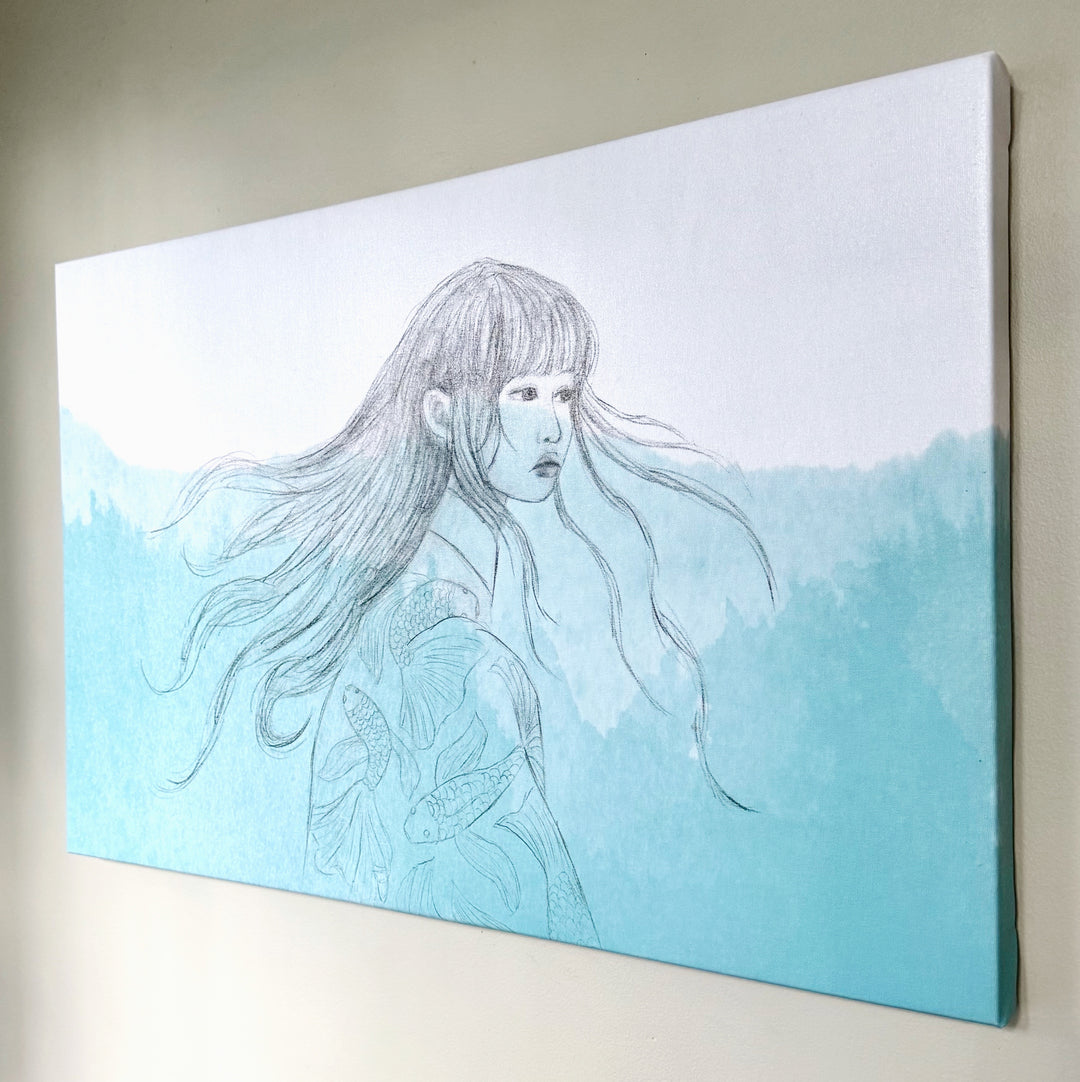 Braving the Depths | Reproduction Print of Watercolor Graphite Woman Underwater with Koi Fish | 30"x20"