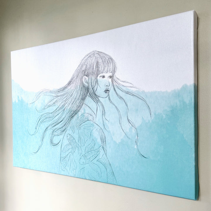 Braving the Depths | Reproduction Print of Watercolor Graphite Woman Underwater with Koi Fish | 30"x20"