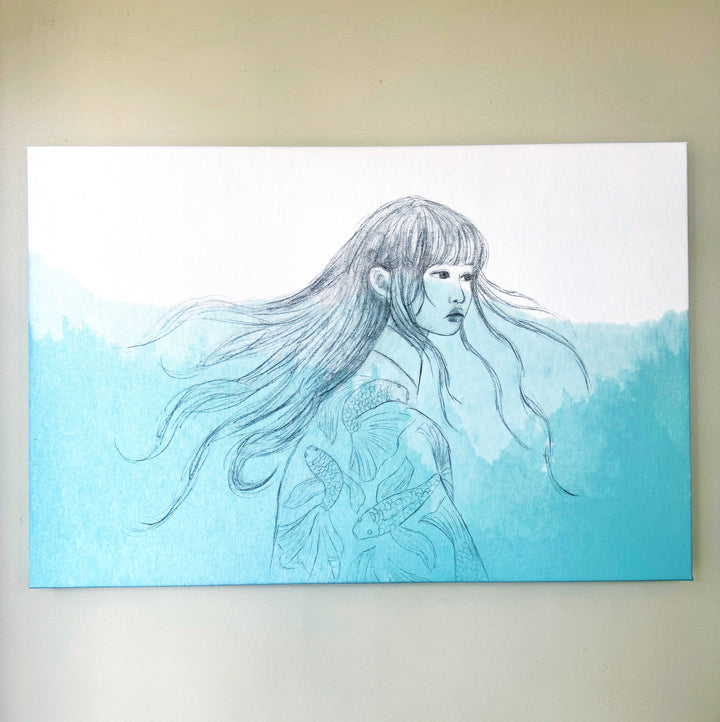 Braving the Depths | Reproduction Print of Watercolor Graphite Woman Underwater with Koi Fish | 30"x20"