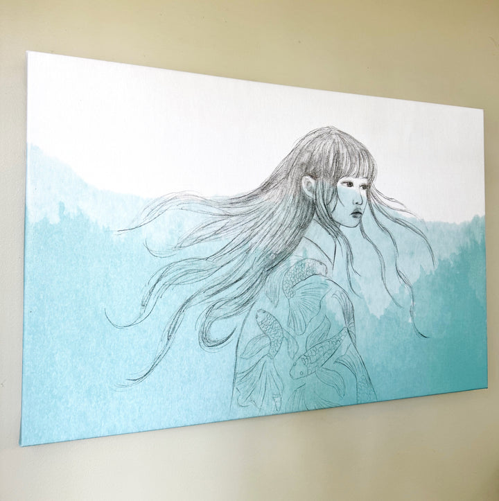 Braving the Depths | Reproduction Print of Watercolor Graphite Woman Underwater with Koi Fish | 30"x20"
