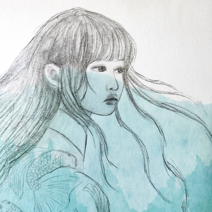 Braving the Depths | Reproduction Print of Watercolor Graphite Woman Underwater with Koi Fish | 30"x20"