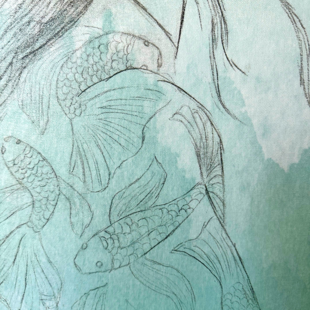 Braving the Depths | Reproduction Print of Watercolor Graphite Woman Underwater with Koi Fish | 30"x20"