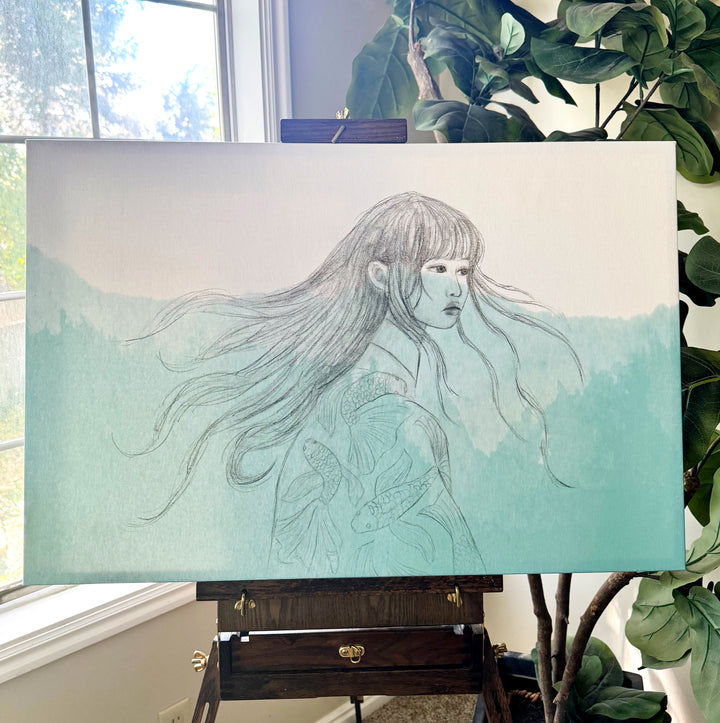 Braving the Depths | Reproduction Print of Watercolor Graphite Woman Underwater with Koi Fish | 30"x20"