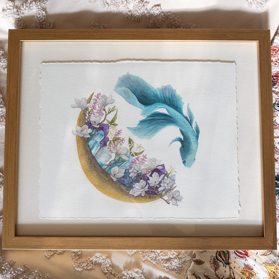 Pisces New Moon | Original Watercolor Painting 11x14" Framed