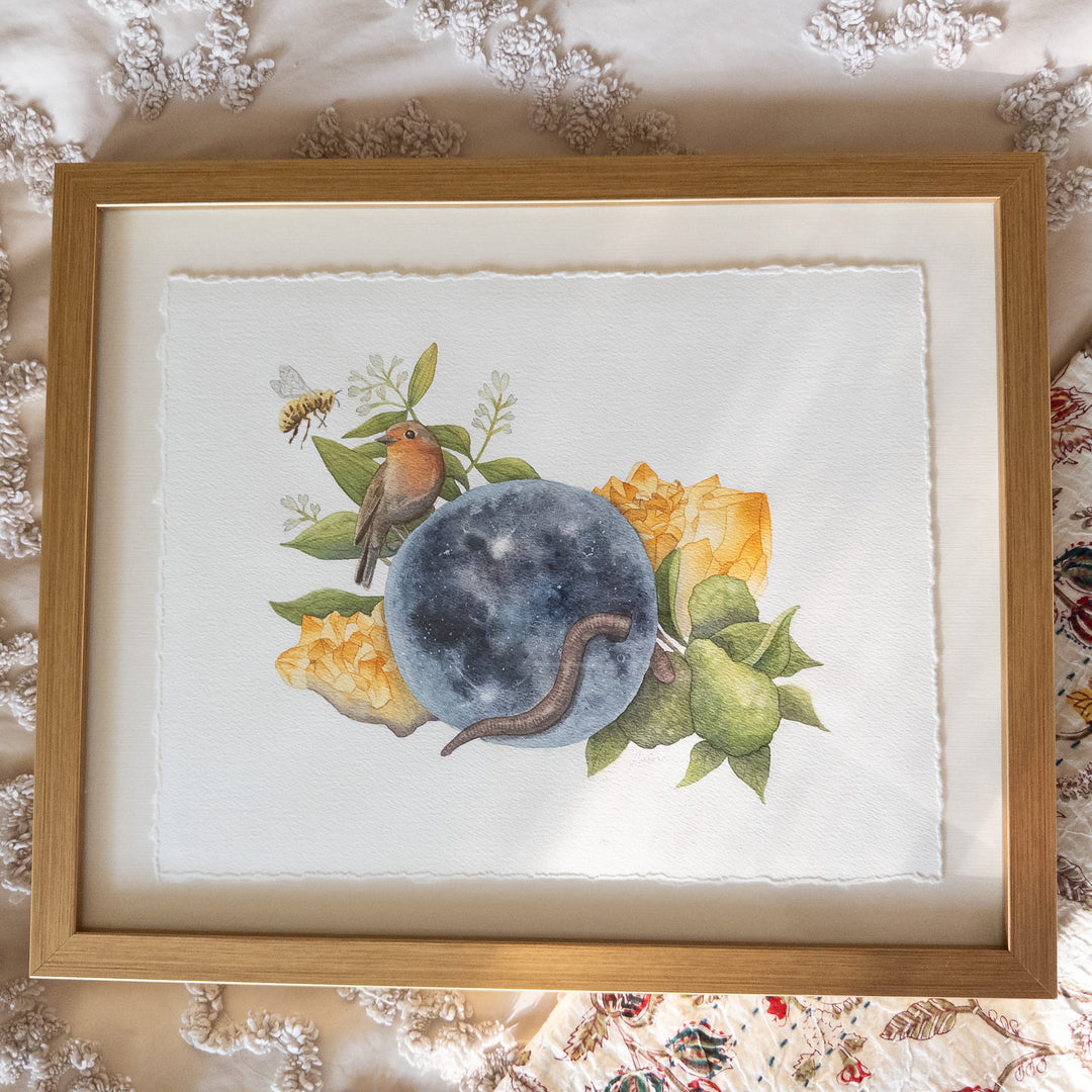 Virgo Full Worm Moon | Original Watercolor Painting 11x14" Framed