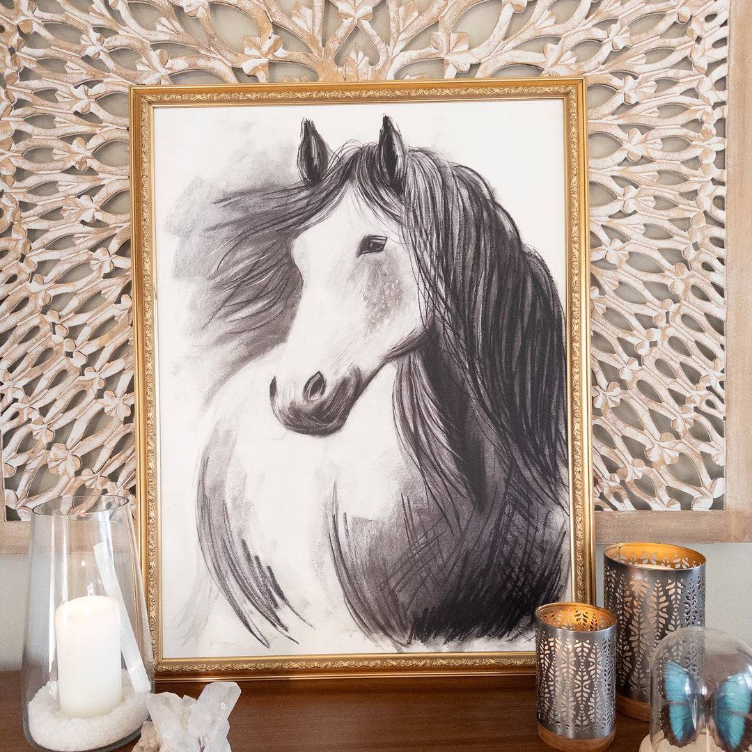 Never Alone | Charcoal Horse Drawing | 24x32" Framed Reproduction