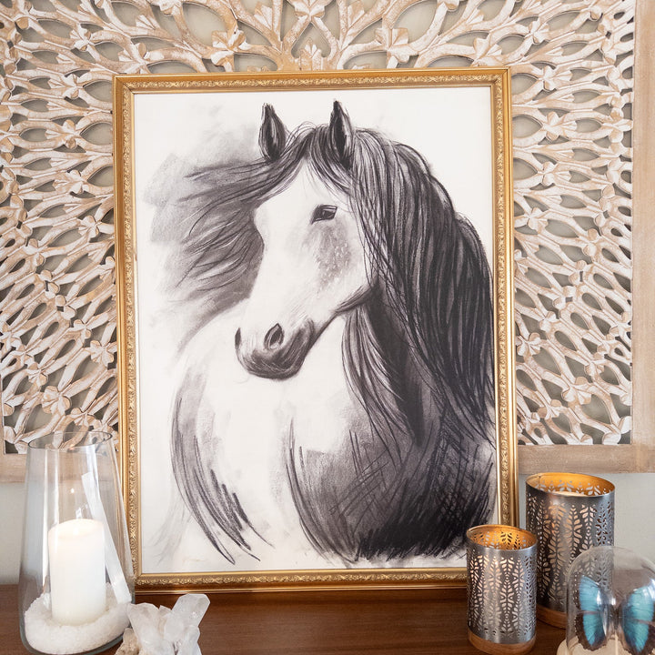 Never Alone | Charcoal Horse Drawing | 24x32" Framed Reproduction