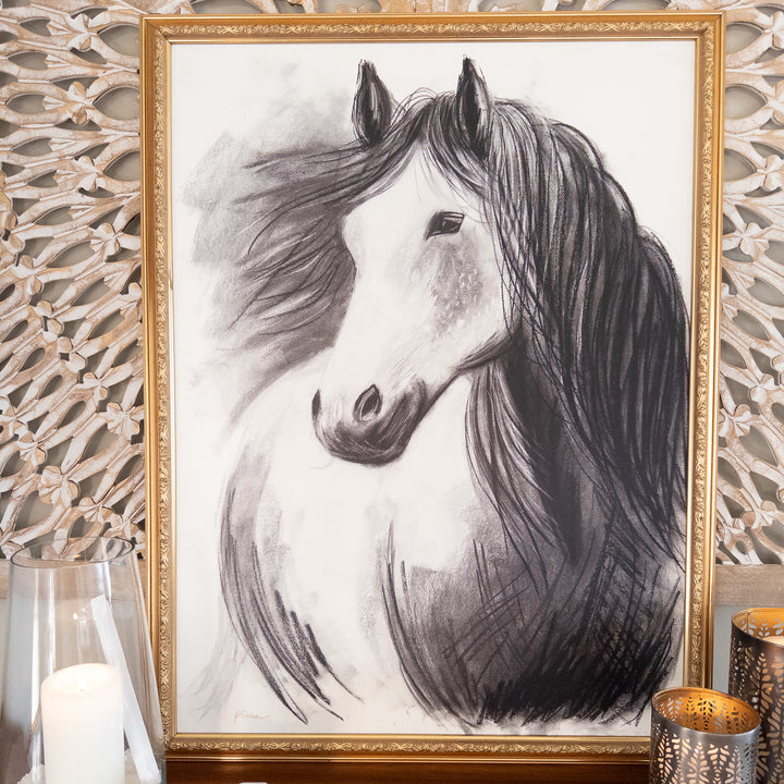 Never Alone | Charcoal Horse Drawing | 24x32" Framed Reproduction