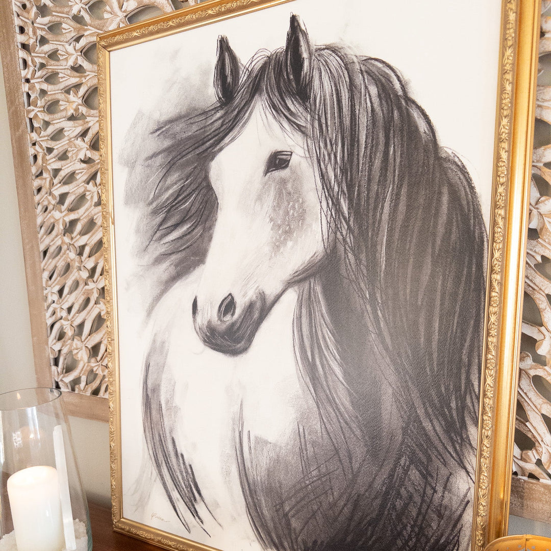 Never Alone | Charcoal Horse Drawing | 24x32" Framed Reproduction