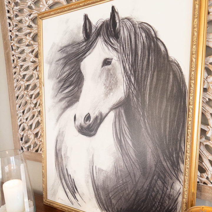 Never Alone | Charcoal Horse Drawing | 24x32" Framed Reproduction