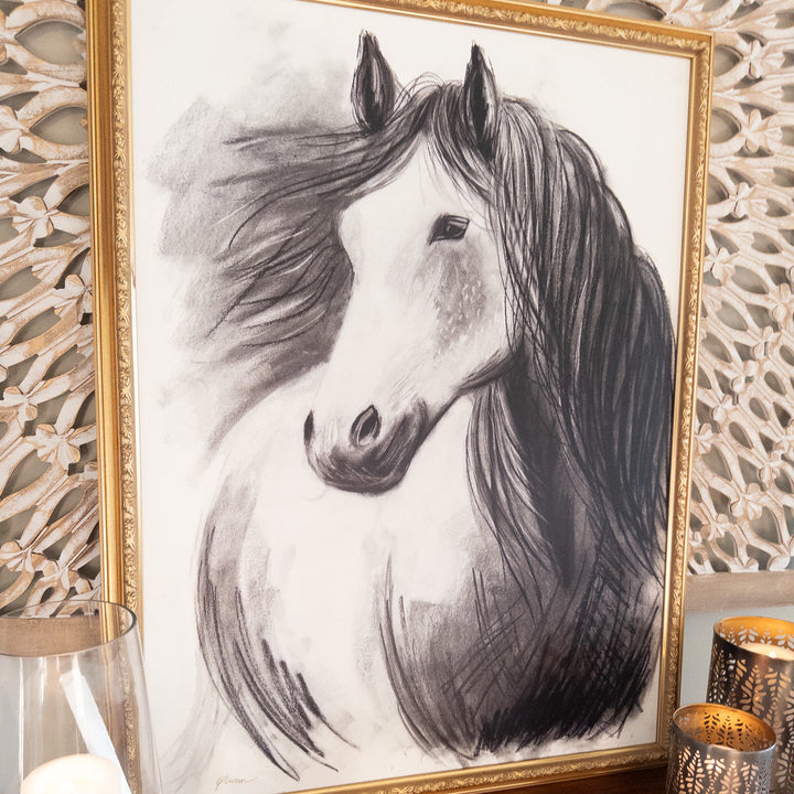 Never Alone | Charcoal Horse Drawing | 24x32" Framed Reproduction