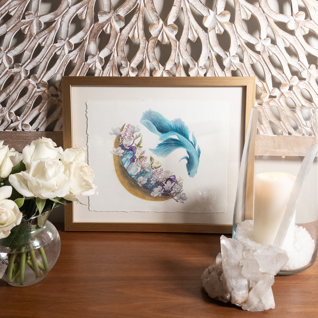 Pisces new moon framed watercolor painting styled with roses, large crystal and candle for sacred space home décor