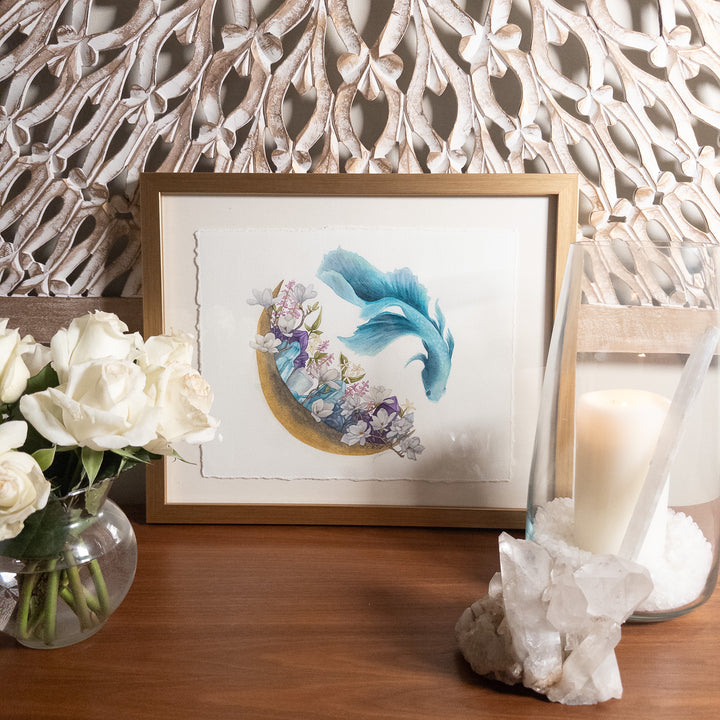 Pisces new moon framed watercolor painting styled with roses, large crystal and candle for sacred space home décor