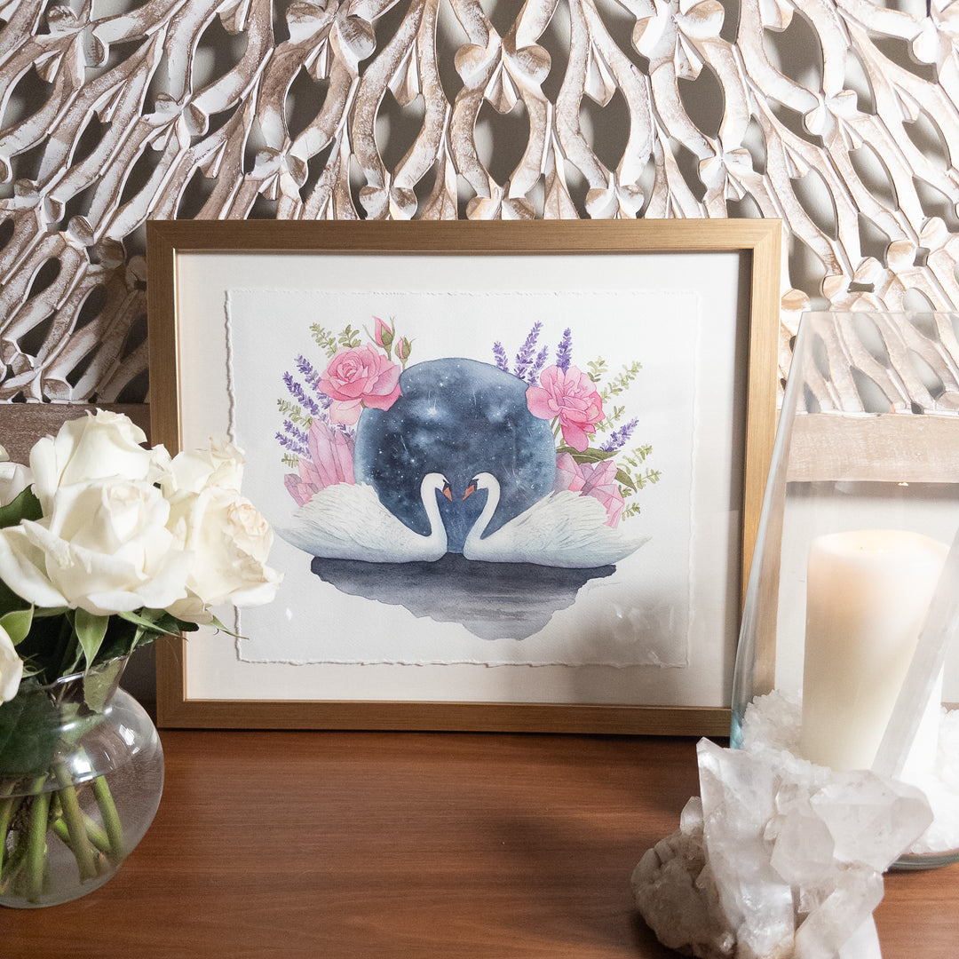 Libra full moon framed watercolor painting styled with roses, large crystal and candle for sacred space home décor