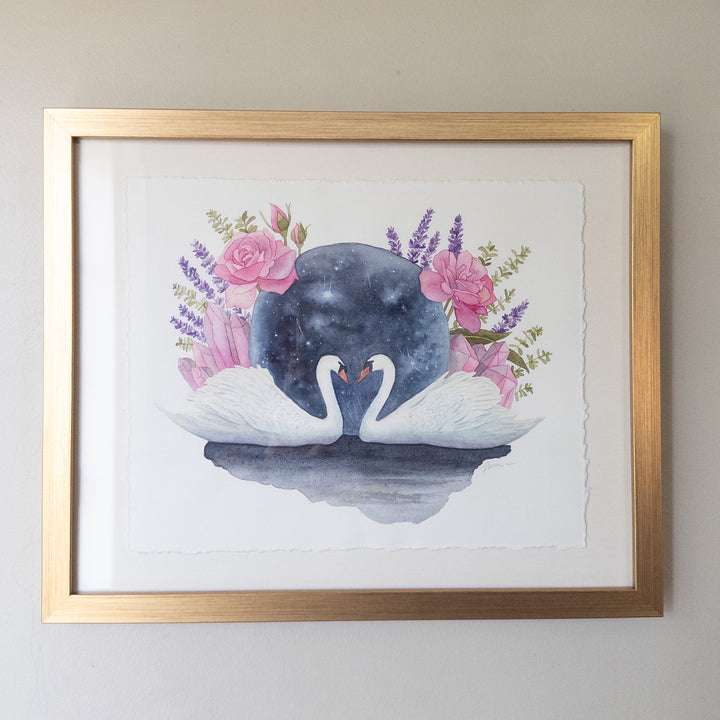 Libra full moon original watercolor painting framed in gold, ready to hang