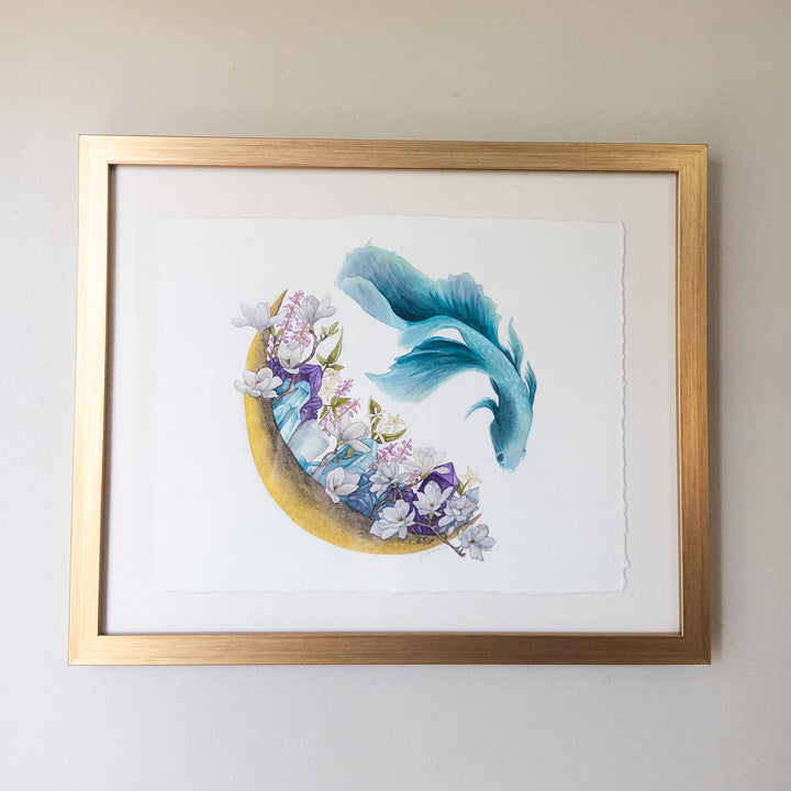 Pisces new moon original watercolor painting framed in gold, ready to hang