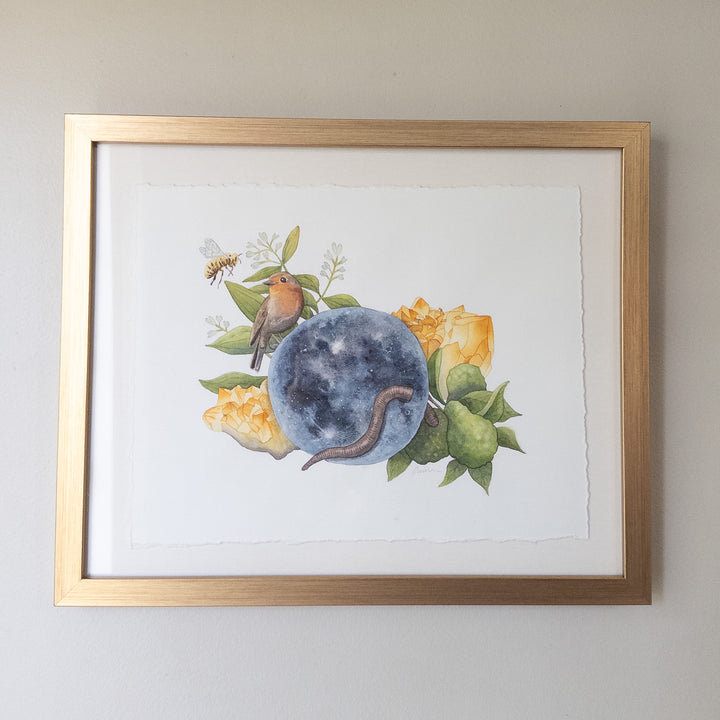 Virgo full worm moon original watercolor painting framed in gold, ready to hang