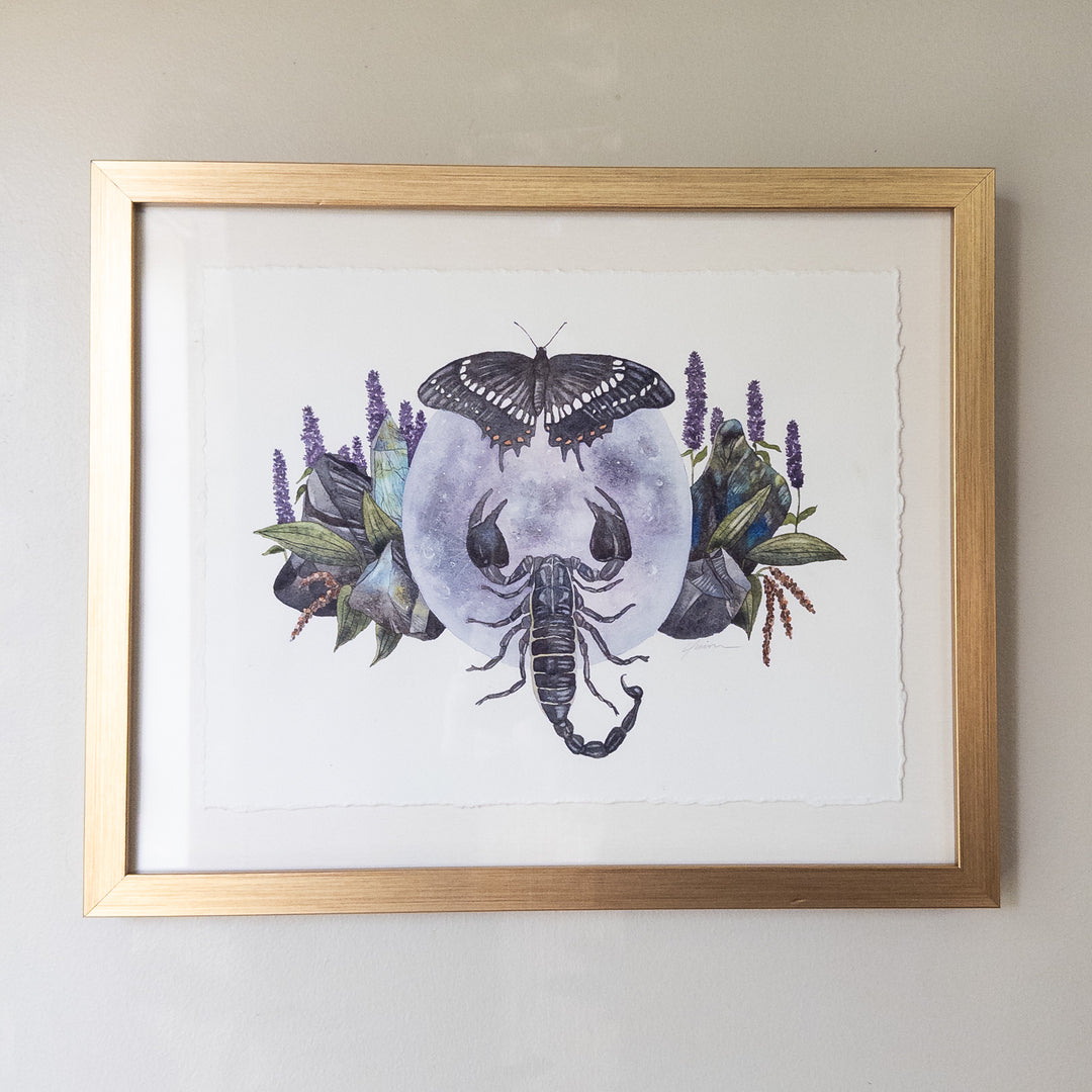 Scorpio full moon original watercolor painting framed in gold, ready to hang