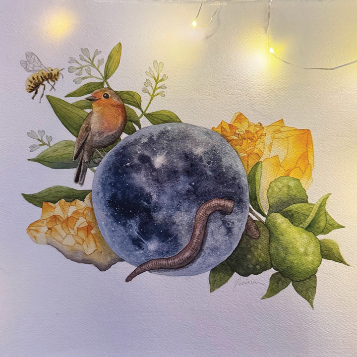 Full Worm Moon in Virgo | Original Watercolor Painting 11x14" Unframed